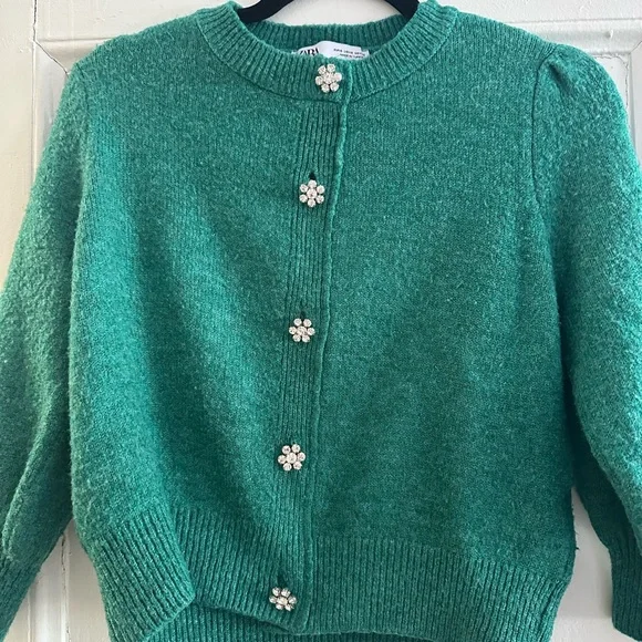 Zara Green Sweater Cardigan with flower gems - Picture 8 of 12